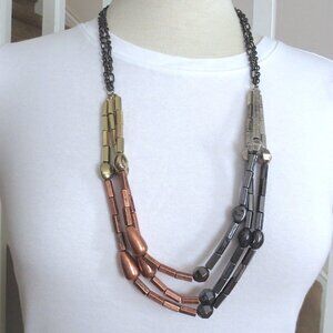 ASOS Three Metal Gold Copper Gunmetal Antique Look Layered Long Necklace